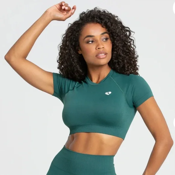 NWT Women’s Best Forest Green Power Seamless Short Sleeve Gym Crop Top Size XXL - Picture 3 of 6